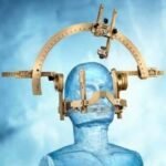 Stereotactic frame positioned on a mannequin head, used for precise neurosurgical procedures.