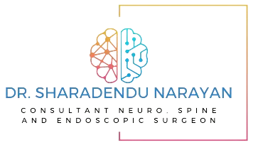 Logo for Dr. Sharadendu Narayan featuring a stylized brain divided into colorful neural and technological halves, with his name and titles in neon outline.