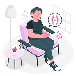 Illustration of a person sitting in a chair, grimacing in pain, with visible pain symbols around the wrist and a graphic of a painful joint displayed in a circular frame.
