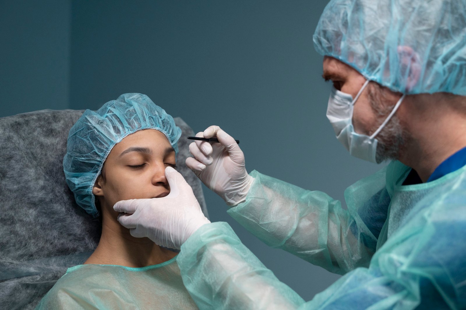 A neurosurgeon performing a detailed preoperative facial examination on a female patient, both dressed in sterile surgical attire.